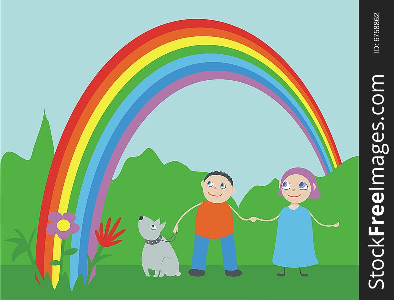 Happy children and a dog are looking at the rainbow. Happy children and a dog are looking at the rainbow.