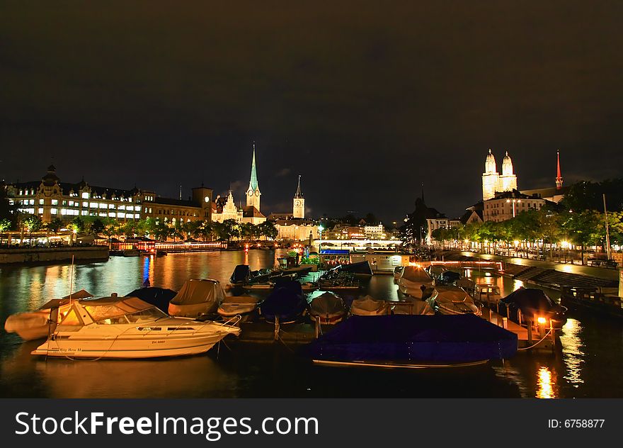 The night view of major landmarks in Zurich