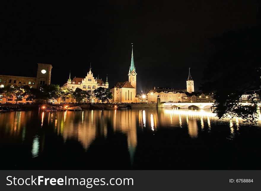 The Night View Of Major Landmarks In Zurich