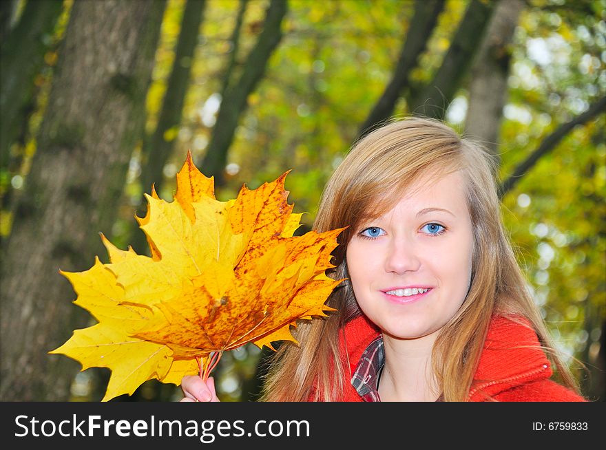 Portrait of the nice girl on autumn park background. Portrait of the nice girl on autumn park background