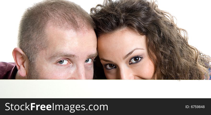 Young love couple hide and seek play, isolated on white back