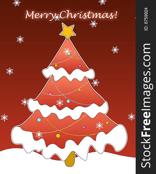 Decorated Christmas tree with colorful lights red falling snow flakes background. and Merry Christmas letters. Decorated Christmas tree with colorful lights red falling snow flakes background. and Merry Christmas letters