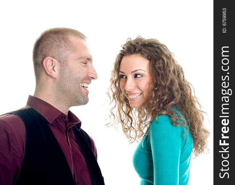 Young love couple smiling isolated on white back