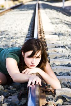 Sad Woman On Railtrack Stock Photo