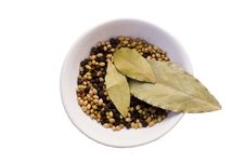 Bay Leaves,coriander Seeds,peppercorns In Bowl Stock Images Bay Leaves,coriander Seeds,peppercorns In Bowl Stock Images