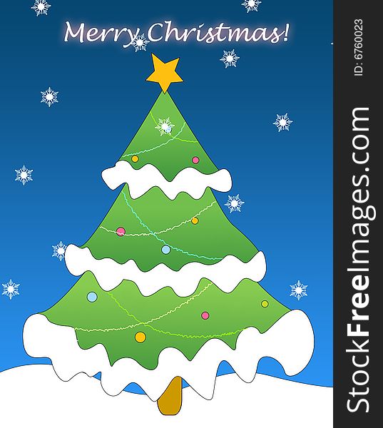 Decorated Christmas tree with colorful lights and blue falling snow flakes background. and Merry Christmas letters. Decorated Christmas tree with colorful lights and blue falling snow flakes background. and Merry Christmas letters