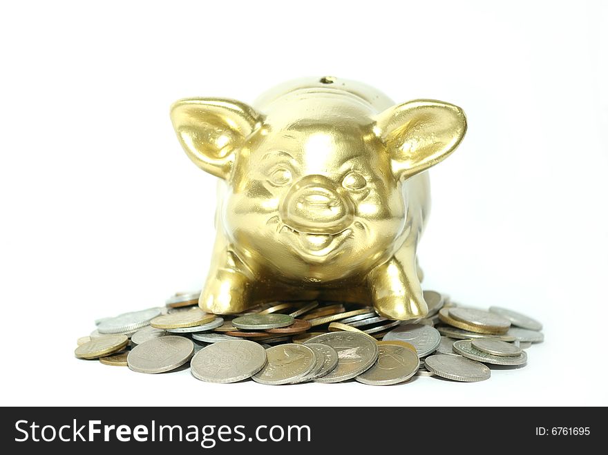 Piggy bank isolated on white background with coins. Piggy bank isolated on white background with coins