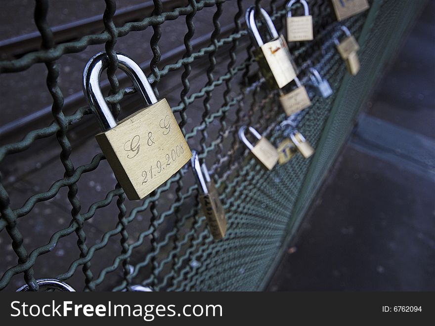 True Love.
Padlocks with lovers name on chained to the Hohenzollern Bridge in Cologne, Germany.