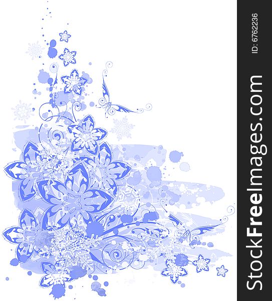 Blue grunge watercolor background, floral ornaments & snowflakes
