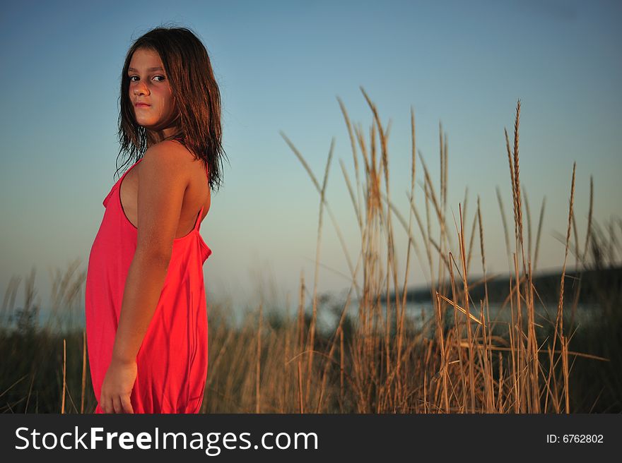 Young girl in red dress standing in nature. Young girl in red dress standing in nature