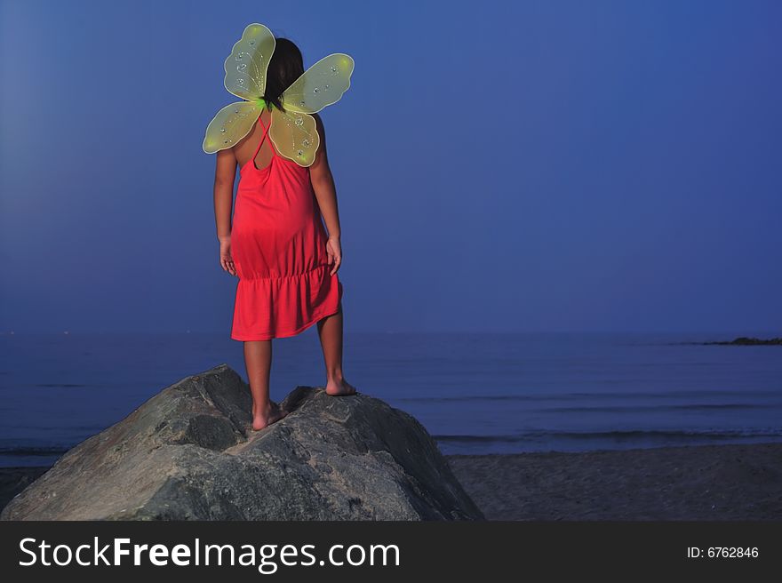 Young girl standing on a rock on beach. Young girl standing on a rock on beach