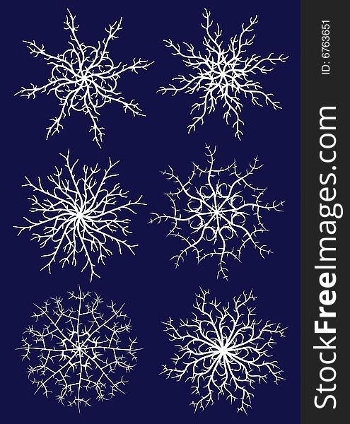 Set of six beautiful different snowflakes. Additional vector format in EPS (v.8).