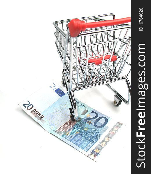 Part of shopping trolley on twenty euro note. Part of shopping trolley on twenty euro note