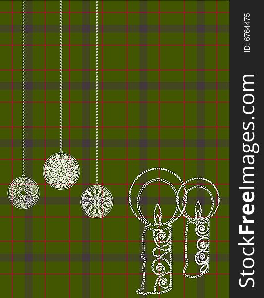 Christmas background with stylized baubles and candles on plaid. Christmas background with stylized baubles and candles on plaid