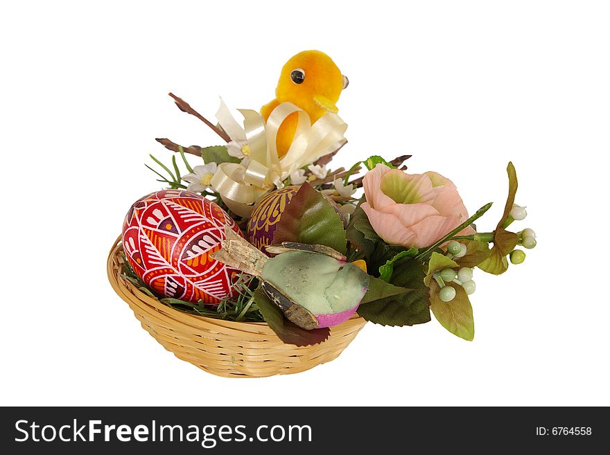 Small basket with plushy chicken, flowers and easter eggs. Small basket with plushy chicken, flowers and easter eggs