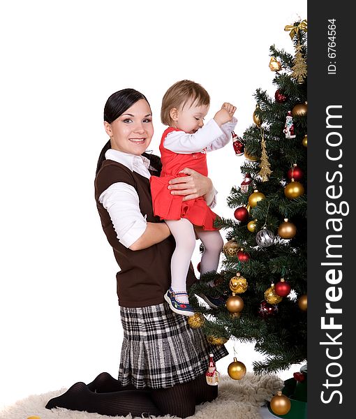 Happy mother and daughter over christmas tree. Happy mother and daughter over christmas tree