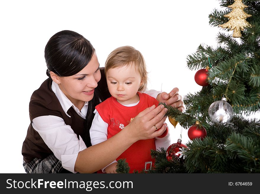 Happy mother and daughter over christmas tree. Happy mother and daughter over christmas tree