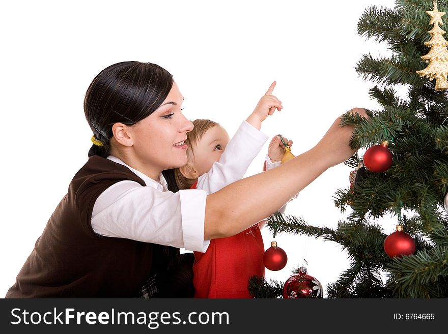 Happy mother and daughter over christmas tree. Happy mother and daughter over christmas tree