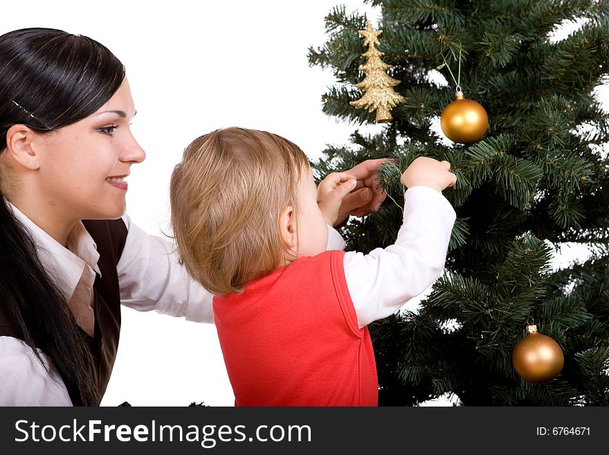 Happy mother and daughter over christmas tree. Happy mother and daughter over christmas tree