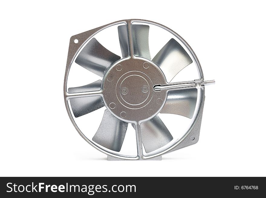 The silvery metal fan on a white background. The silvery metal fan on a white background