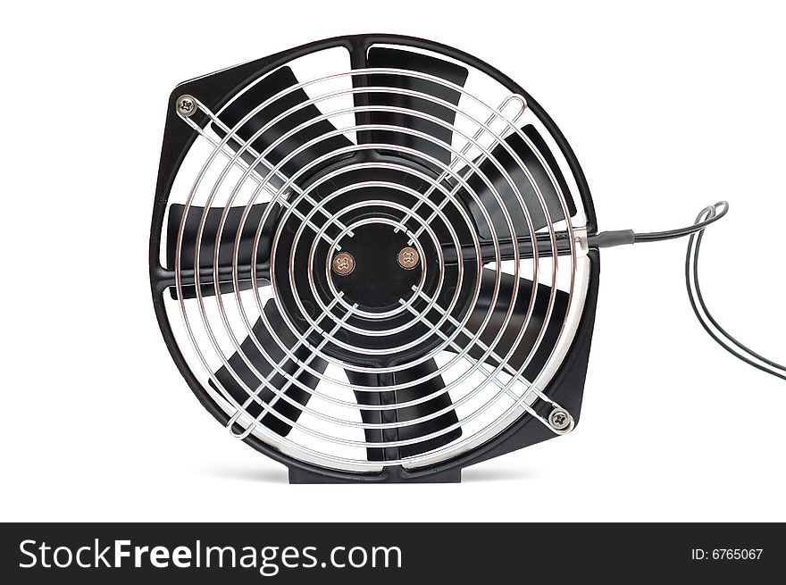 The black fan with a protective lattice on a white background