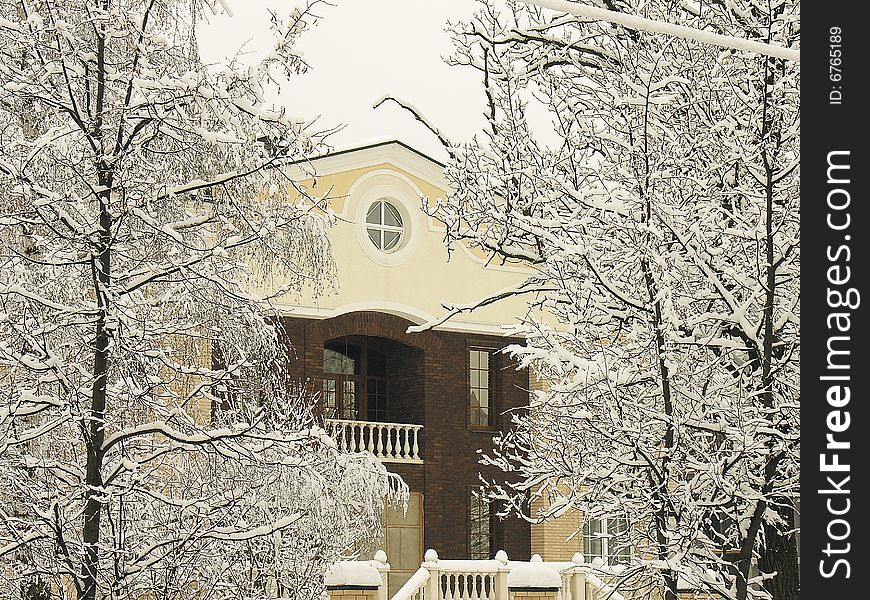 Close up of a private residence after a snowfall. Close up of a private residence after a snowfall