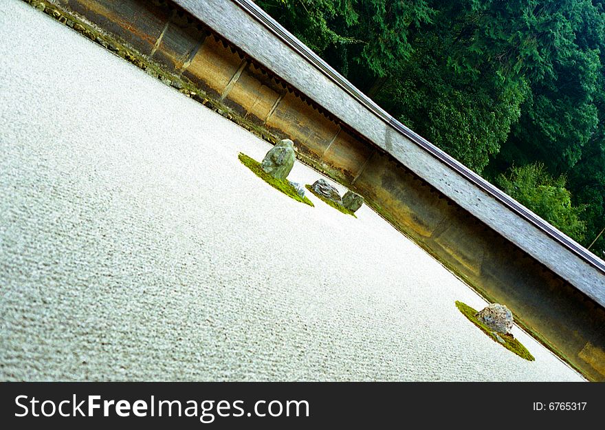 Askew view of Ryoanji zen rock garden in Kyoto, Japan. Askew view of Ryoanji zen rock garden in Kyoto, Japan