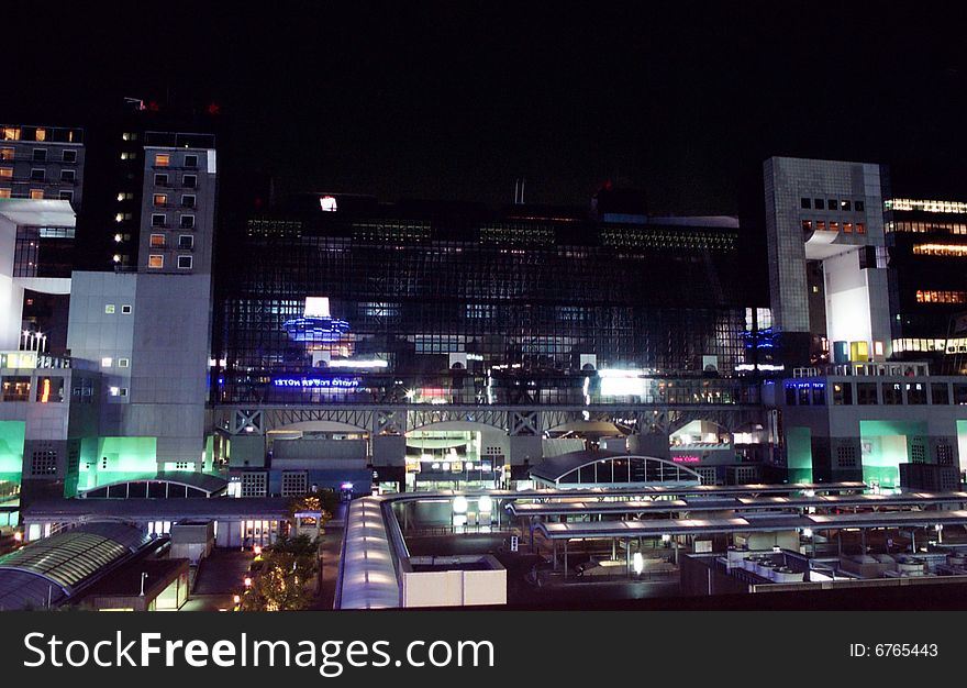 Night view of Kyoto Train and Bus Station exterior. Night view of Kyoto Train and Bus Station exterior