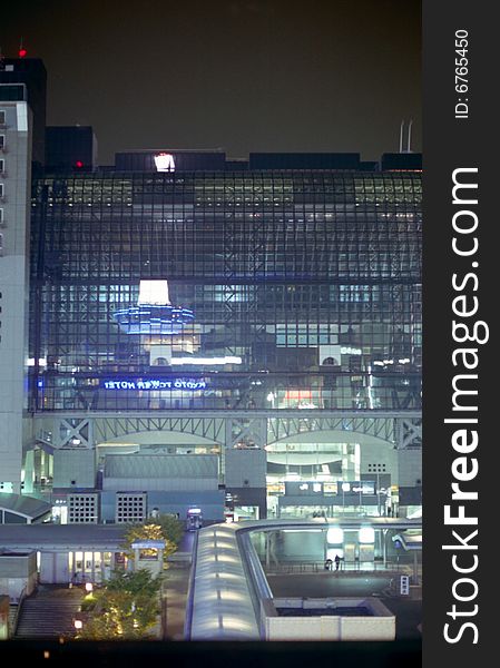 View of Kyoto Train Station exterior at night. View of Kyoto Train Station exterior at night