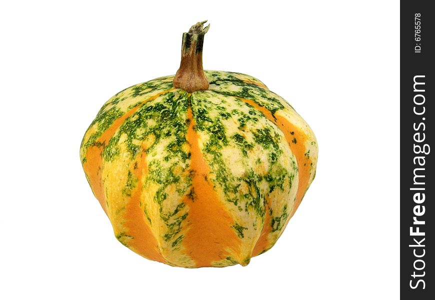 An isolated green, white and orange gourd on white