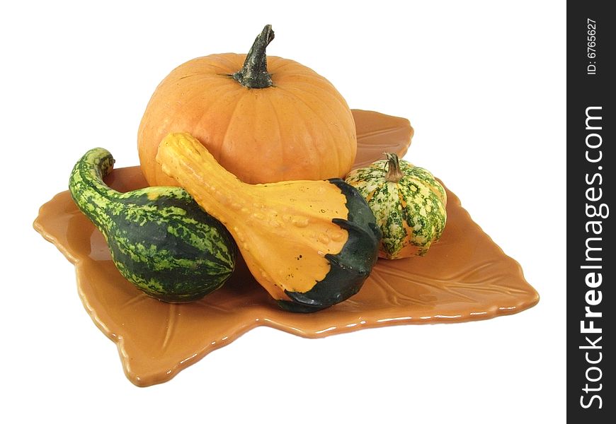 An arrangement of a pumpkin and gourds isolated on white. An arrangement of a pumpkin and gourds isolated on white
