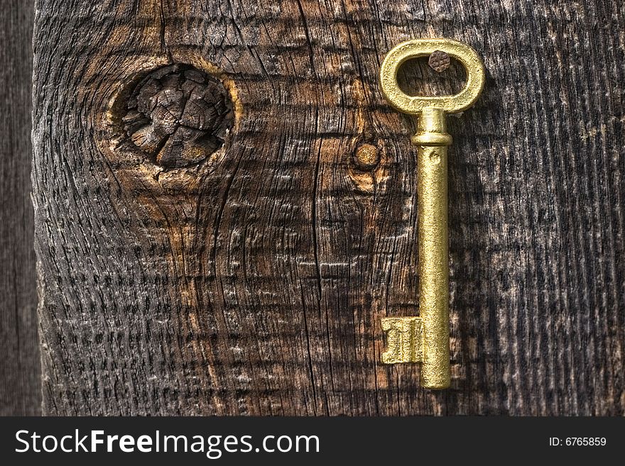 Old key of gold colour on a background of an old tree. Old key of gold colour on a background of an old tree.
