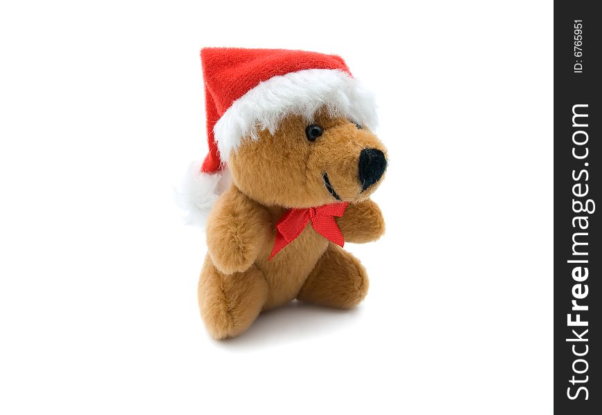 Christmas teddy bear on white background.