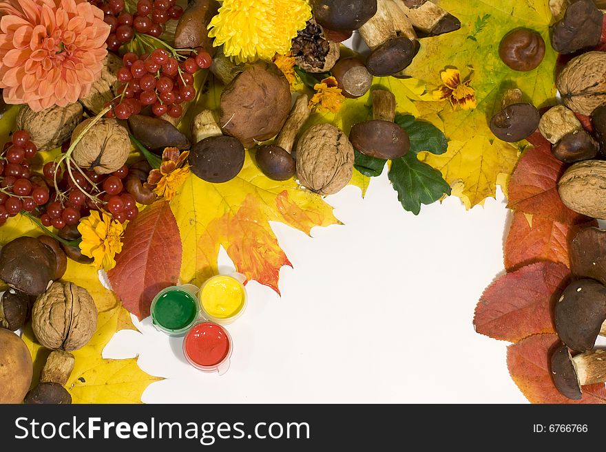 Frame made with autumn leaves, nuts, mushrooms and berries with copyspace. Frame made with autumn leaves, nuts, mushrooms and berries with copyspace