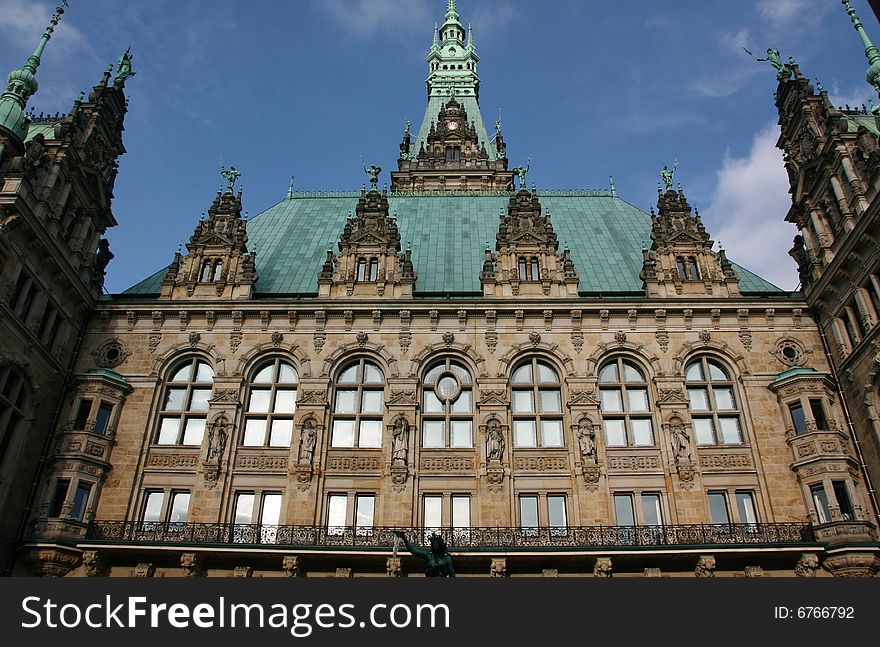 View to the rooftop of the Hamburg town hall on a clear sunny day