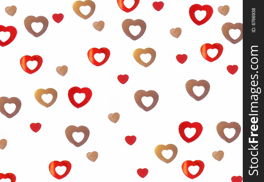 Confetti background, red and silver hearts