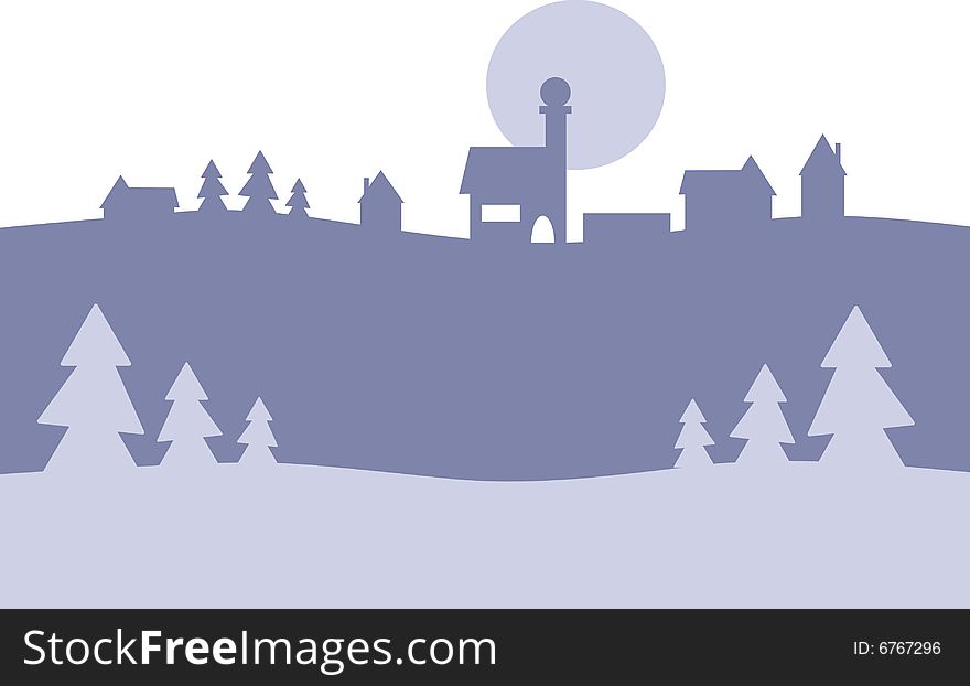 Simple background illustration showing a winter landscape with trees in the foreground and a little village on a hill in the background (isolated). Simple background illustration showing a winter landscape with trees in the foreground and a little village on a hill in the background (isolated)