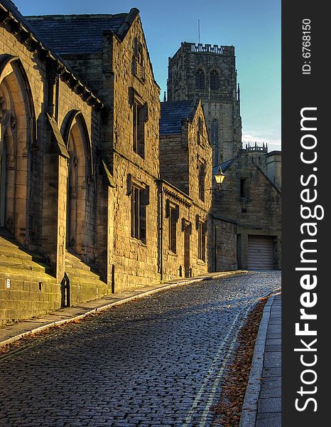 A view up the cobbled street of Owengate in the historic world heritage site of Durham, North East England. A view up the cobbled street of Owengate in the historic world heritage site of Durham, North East England