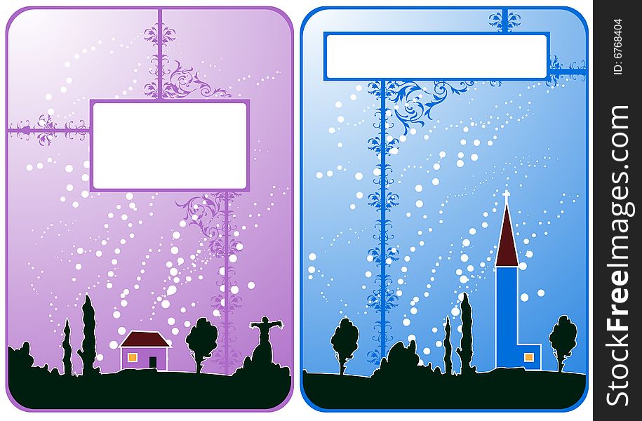 Winter theme cards with colorful landscape and white banner for your business. Winter theme cards with colorful landscape and white banner for your business