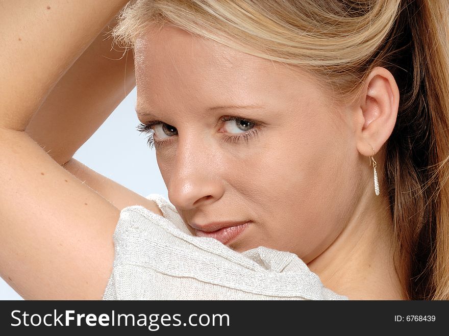 Close up portrait of cute young lady with straight blond hair. Close up portrait of cute young lady with straight blond hair