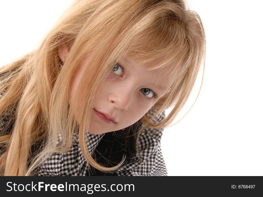 Cute little blond girl close up with curious expression. Cute little blond girl close up with curious expression