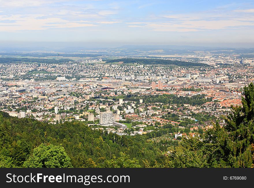 The aerial view of Zurich City from the top of Mount Uetliberg