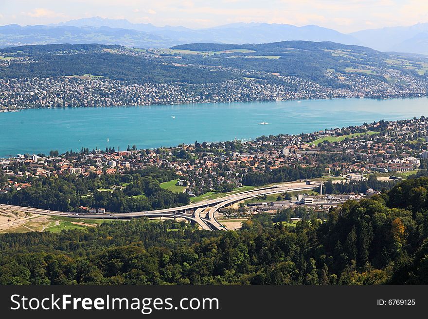 The aerial view of Lake Zurich from the top of Mount Uetliberg