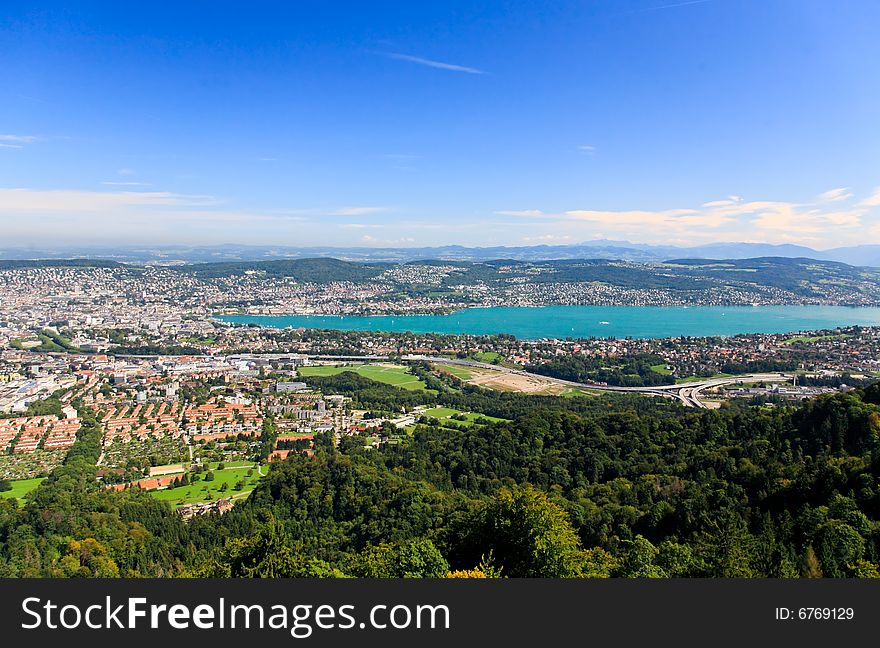 The aerial view of Lake Zurich from the top of Mount Uetliberg