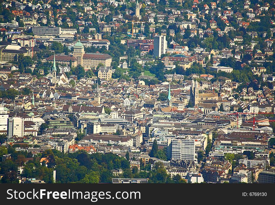 The aerial view of Zurich City from the top of Mount Uetliberg