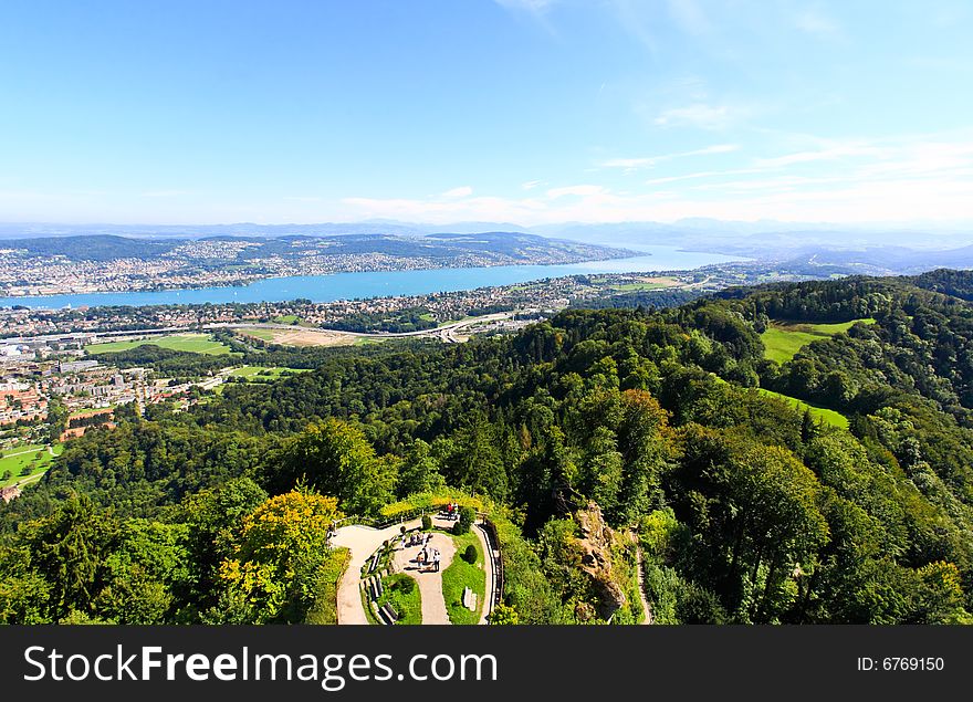 The aerial view of Lake Zurich from the top of Mount Uetliberg
