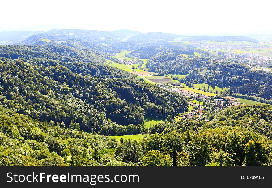 The aerial view of Zurich countryside from the top of Mount Uetliberg