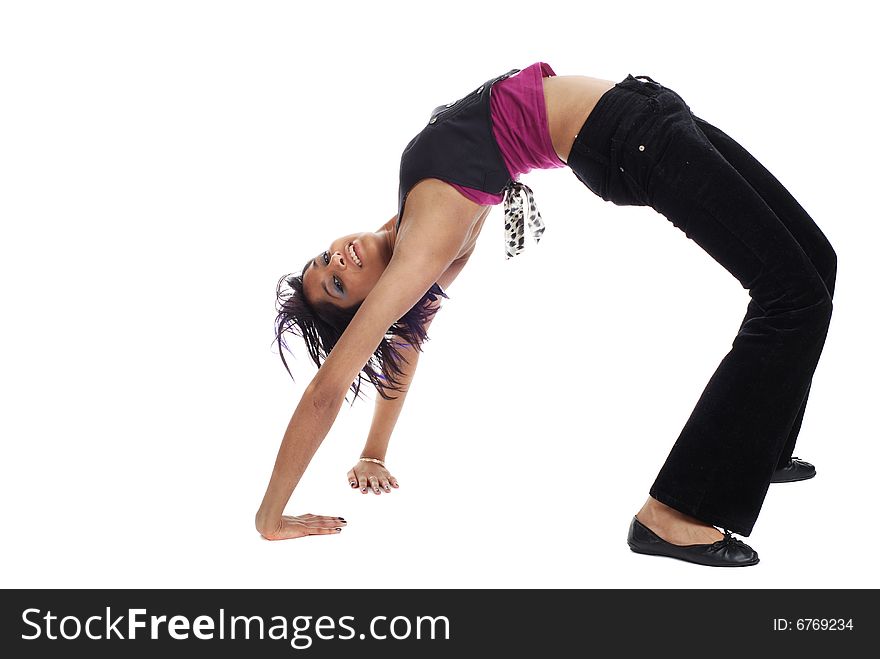 Picture of a girl doing gymnastics on white background. Picture of a girl doing gymnastics on white background