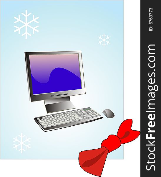 Monitor keyboard on turn blue background with snowflake. Monitor keyboard on turn blue background with snowflake