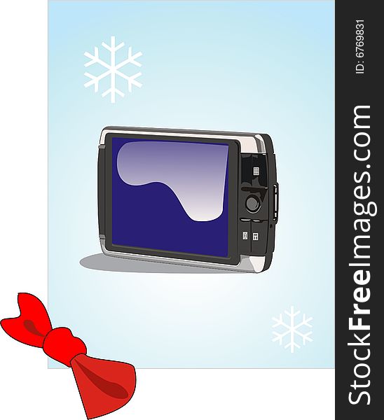 Mobile telephone communicator on turn blue background with snowflake. Mobile telephone communicator on turn blue background with snowflake